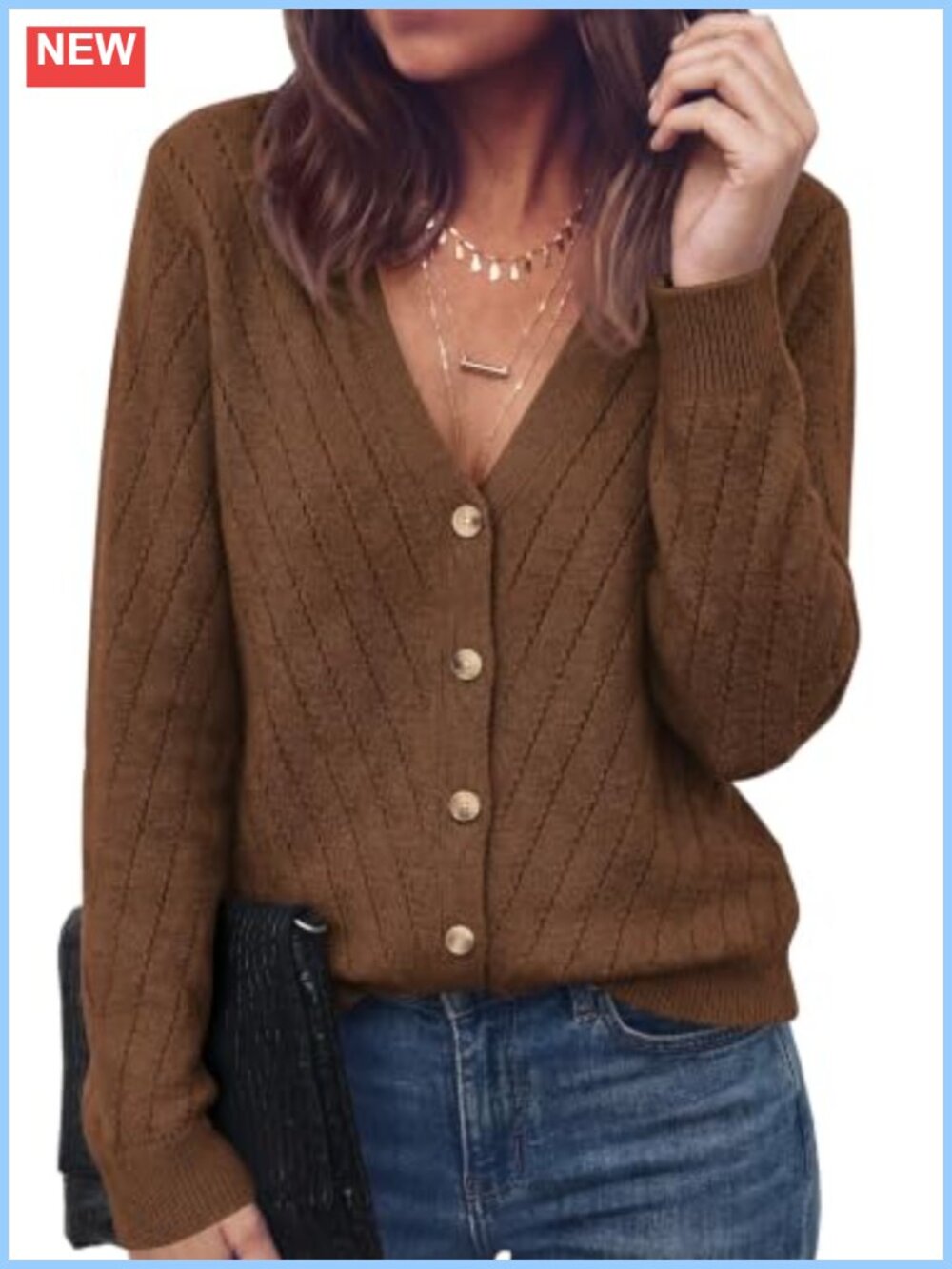 Cozy Eyelet Knit Cardigan Sweater Button Front V-Neck Lightweight